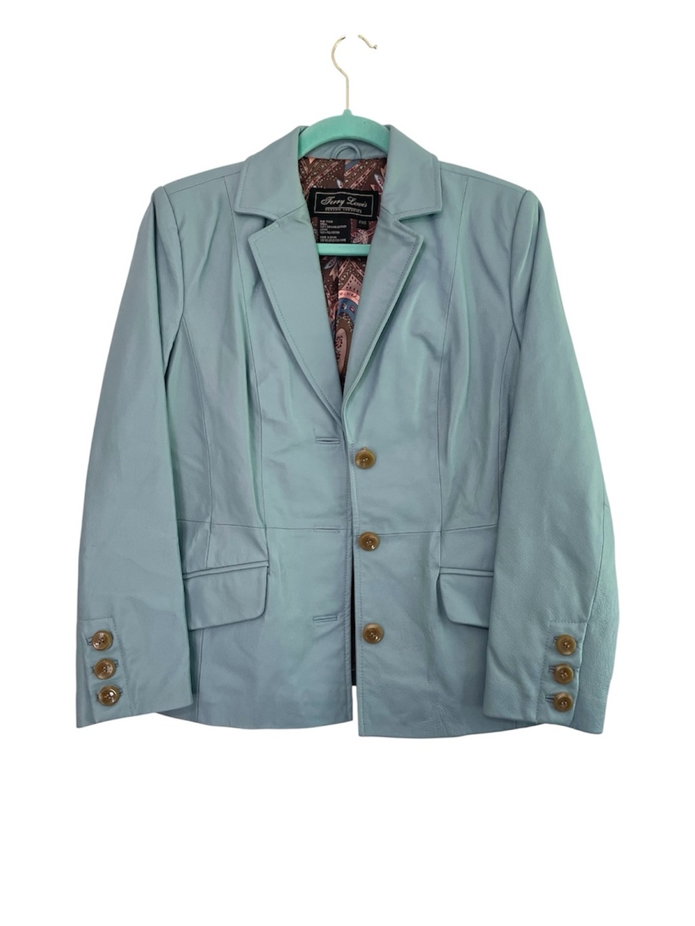 Vintage Terry Lewis Powder Blue 100% Leather Blazer Tailored Jacket PXS
